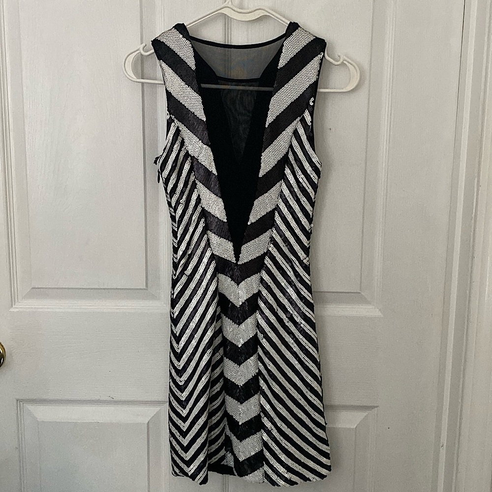 Full sequined black and white with black mesh cocktail dress